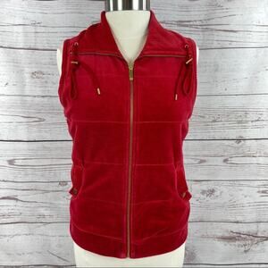 Jones New York Signature red velvet vest high collar pockets gold accents